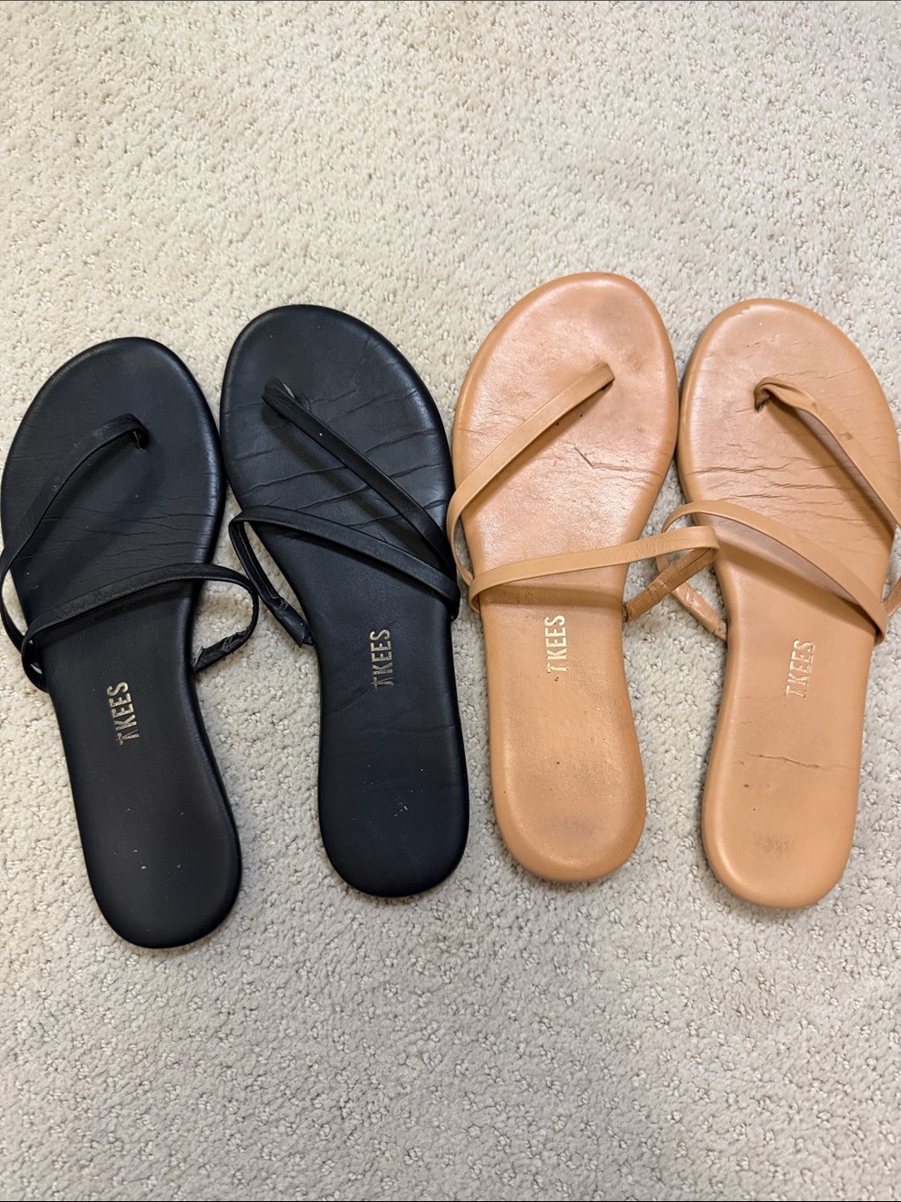 Tkees Women’s Leather Flip Sandals — Black and Tan